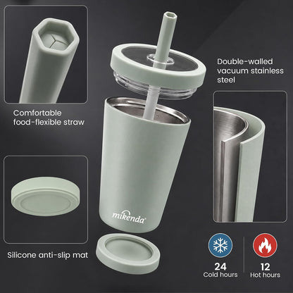 14oz Insulated Coffee Tumbler with Straw Lid, Stainless Steel Vacuum Travel Mug with Soft Silicone Mouthpiece, Anti-Slip Base, BPA Free Reusable Car Cup for Iced Coffee, Tea, Office