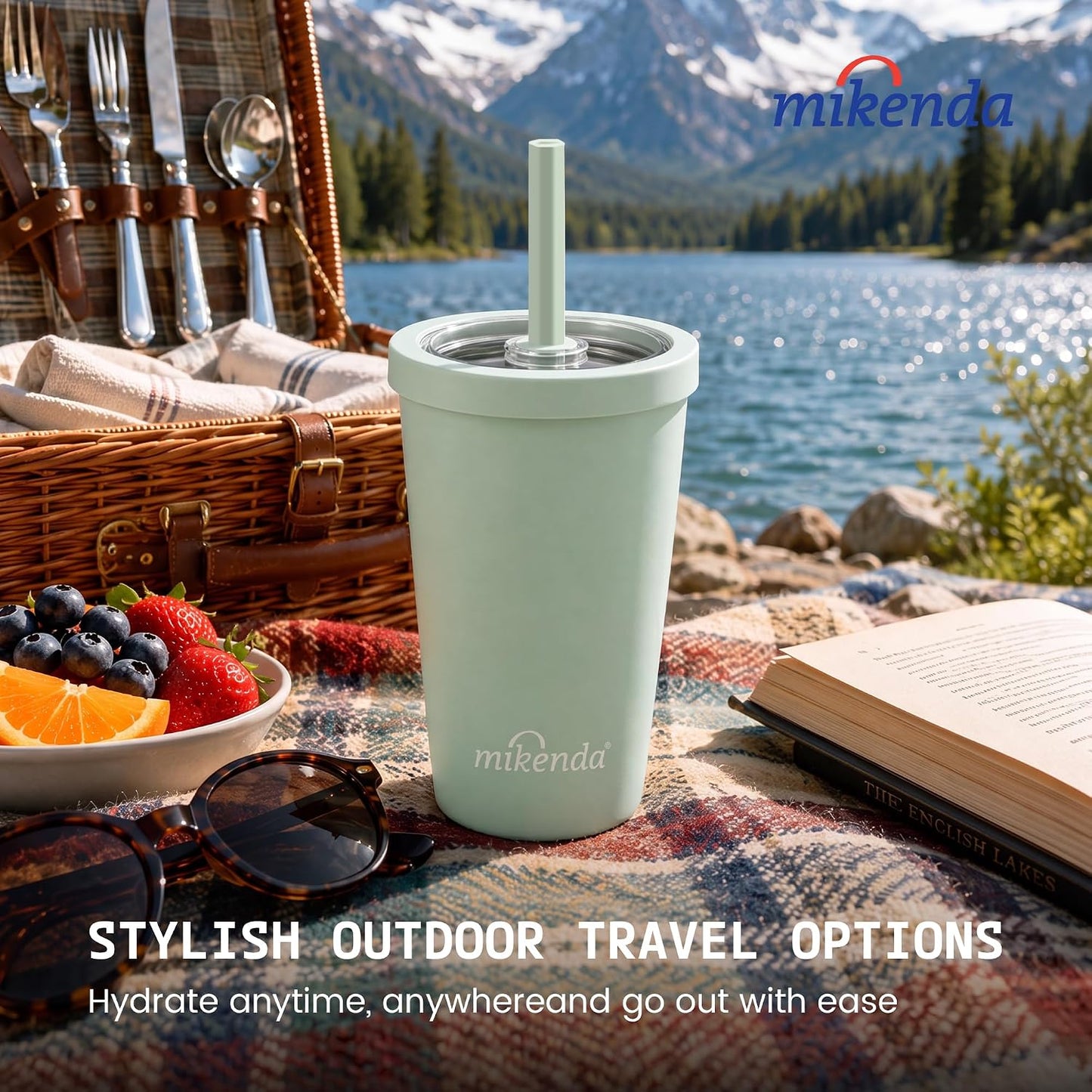 14oz Insulated Coffee Tumbler with Straw Lid, Stainless Steel Vacuum Travel Mug with Soft Silicone Mouthpiece, Anti-Slip Base, BPA Free Reusable Car Cup for Iced Coffee, Tea, Office