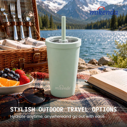 14oz Insulated Coffee Tumbler with Straw Lid, Stainless Steel Vacuum Travel Mug with Soft Silicone Mouthpiece, Anti-Slip Base, BPA Free Reusable Car Cup for Iced Coffee, Tea, Office