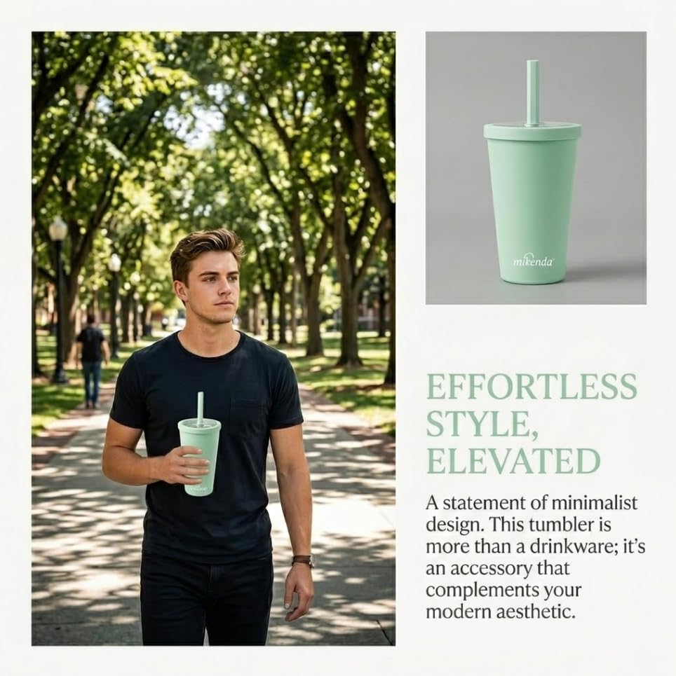 14oz Insulated Coffee Tumbler with Straw Lid, Stainless Steel Vacuum Travel Mug with Soft Silicone Mouthpiece, Anti-Slip Base, BPA Free Reusable Car Cup for Iced Coffee, Tea, Office