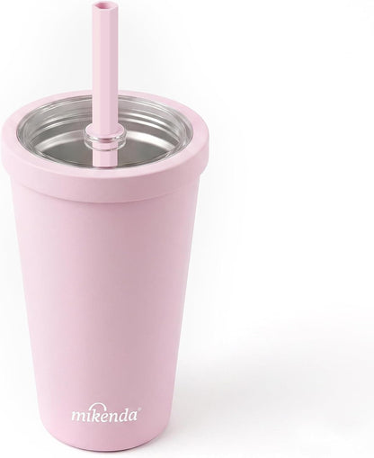 14oz Insulated Coffee Tumbler with Straw Lid, Stainless Steel Vacuum Travel Mug with Soft Silicone Mouthpiece, Anti-Slip Base, BPA Free Reusable Car Cup for Iced Coffee, Tea, Office