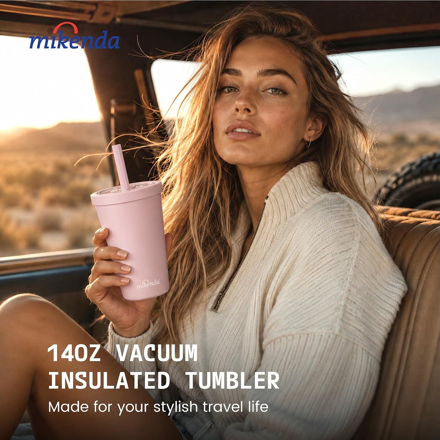14oz Insulated Coffee Tumbler with Straw Lid, Stainless Steel Vacuum Travel Mug with Soft Silicone Mouthpiece, Anti-Slip Base, BPA Free Reusable Car Cup for Iced Coffee, Tea, Office