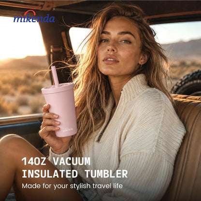 14oz Insulated Coffee Tumbler with Straw Lid, Stainless Steel Vacuum Travel Mug with Soft Silicone Mouthpiece, Anti-Slip Base, BPA Free Reusable Car Cup for Iced Coffee, Tea, Office