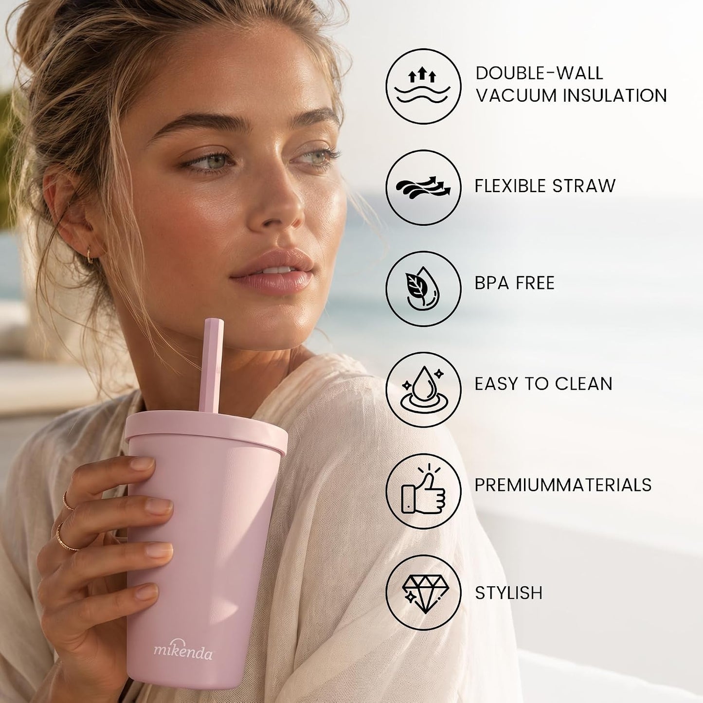 14oz Insulated Coffee Tumbler with Straw Lid, Stainless Steel Vacuum Travel Mug with Soft Silicone Mouthpiece, Anti-Slip Base, BPA Free Reusable Car Cup for Iced Coffee, Tea, Office