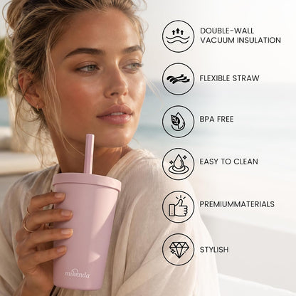 14oz Insulated Coffee Tumbler with Straw Lid, Stainless Steel Vacuum Travel Mug with Soft Silicone Mouthpiece, Anti-Slip Base, BPA Free Reusable Car Cup for Iced Coffee, Tea, Office