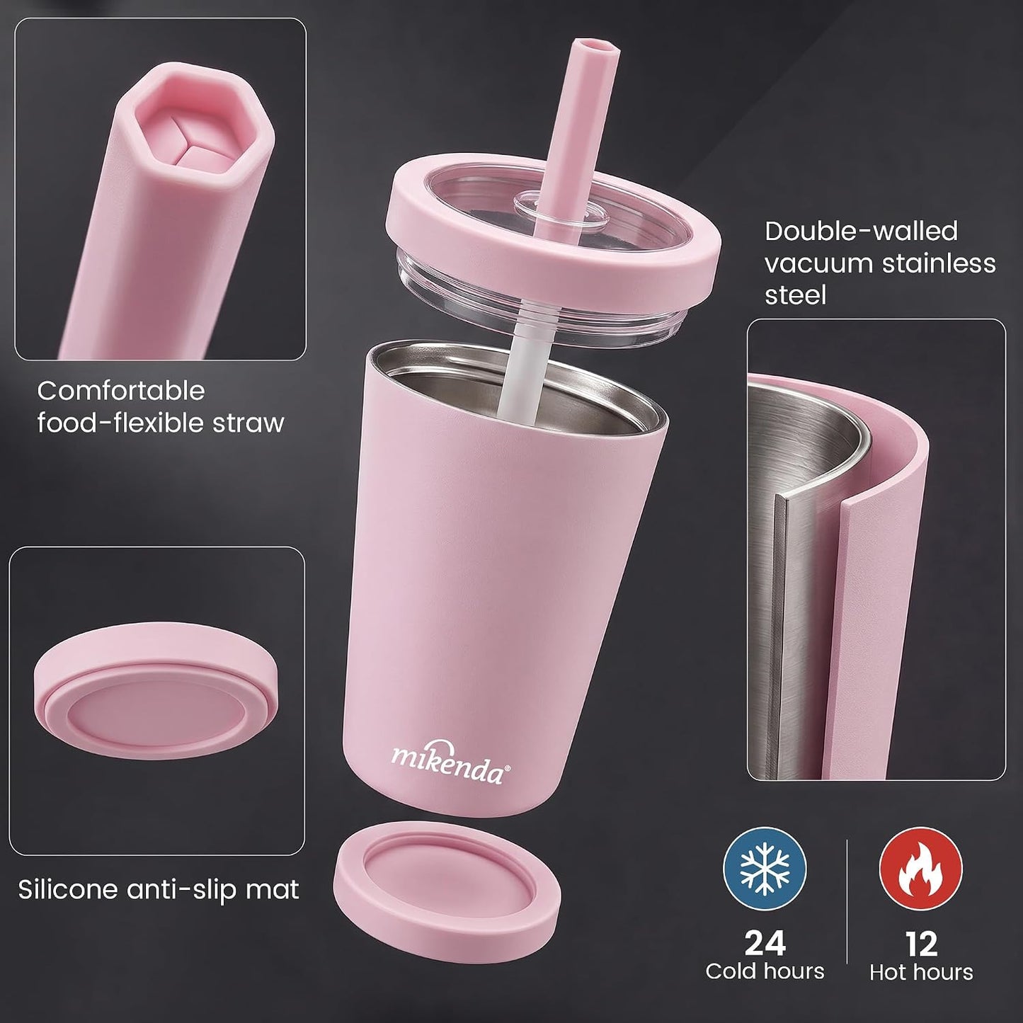14oz Insulated Coffee Tumbler with Straw Lid, Stainless Steel Vacuum Travel Mug with Soft Silicone Mouthpiece, Anti-Slip Base, BPA Free Reusable Car Cup for Iced Coffee, Tea, Office
