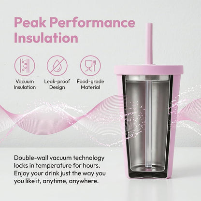 14oz Insulated Coffee Tumbler with Straw Lid, Stainless Steel Vacuum Travel Mug with Soft Silicone Mouthpiece, Anti-Slip Base, BPA Free Reusable Car Cup for Iced Coffee, Tea, Office
