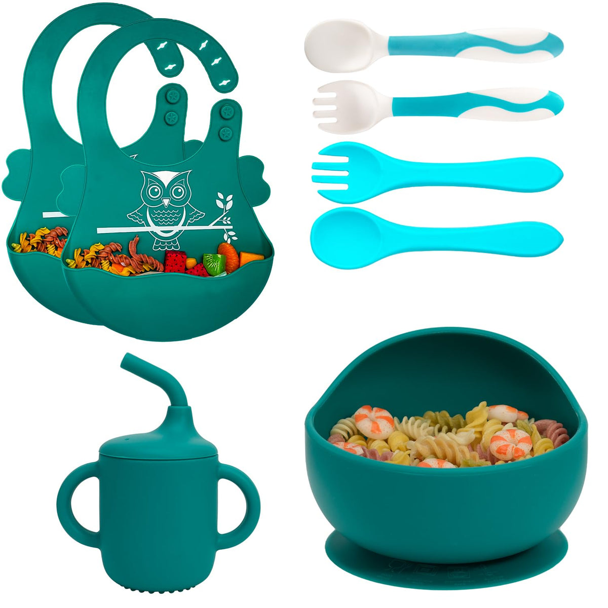 Silicone Baby Feeding Set,Baby Led Weaning Supplies Baby Silicone Suction bowl and Cup set with 2 spoons forks,Toddler Self Feeding Dish with Sippy Cup And Adjustable Bib for 6+ Months-Blue