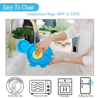 Silicone Baby Feeding Set,Baby Led Weaning Supplies Baby Silicone Suction bowl and Cup set with 2 spoons forks,Toddler Self Feeding Dish with Sippy Cup And Adjustable Bib for 6+ Months-Blue