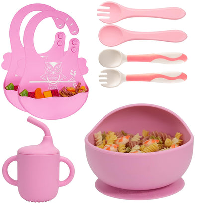 Silicone Baby Feeding Set,Baby Led Weaning Supplies Baby Silicone Suction bowl and Cup set with 2 spoons forks,Toddler Self Feeding Dish with Sippy Cup And Adjustable Bib for 6+ Months-Blue