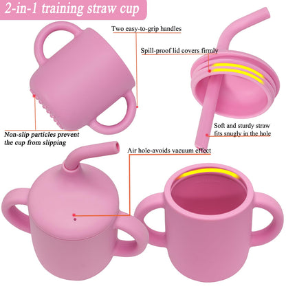Silicone Baby Feeding Set,Baby Led Weaning Supplies Baby Silicone Suction bowl and Cup set with 2 spoons forks,Toddler Self Feeding Dish with Sippy Cup And Adjustable Bib for 6+ Months-Blue