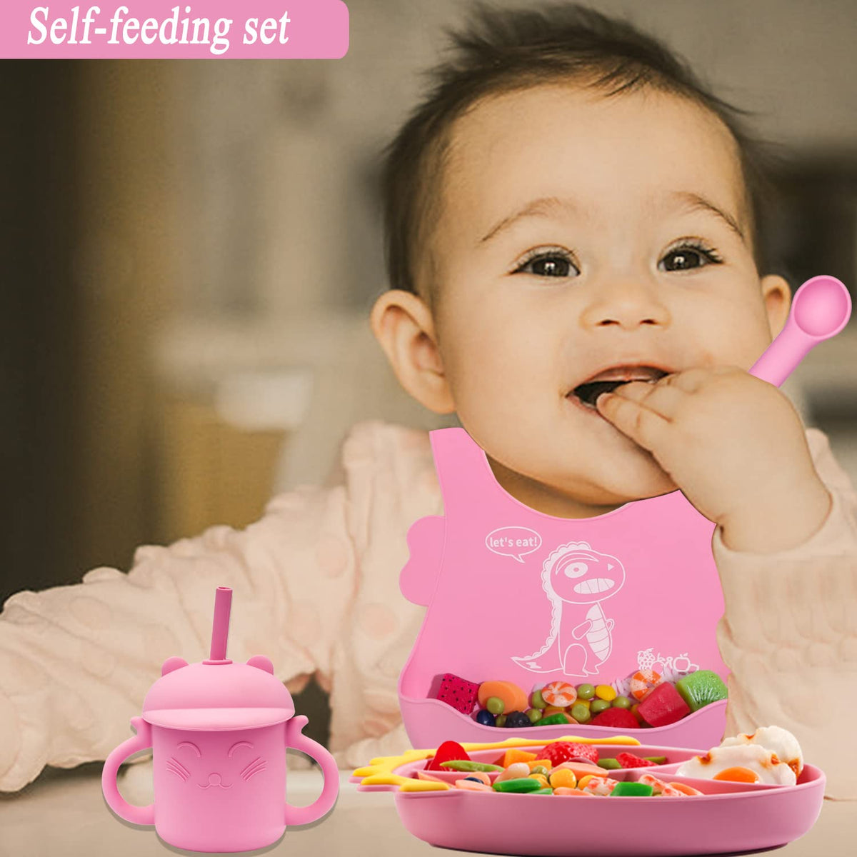 Silicone Baby Feeding Set,Baby Led Weaning Supplies Baby Silicone Suction bowl and Cup set with 2 spoons forks,Toddler Self Feeding Dish with Sippy Cup And Adjustable Bib for 6+ Months-Blue