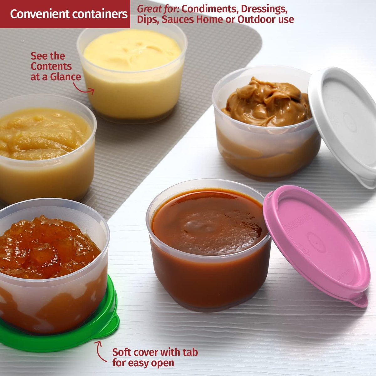 Condiment Cups Containers with Lids- 8 pk. 1.3 oz.Salad Dressing Container to go Small Food Storage Containers with Lids- Sauce Cups Leak proof Reusable Plastic BPA free for Lunch Box Picnic Travel