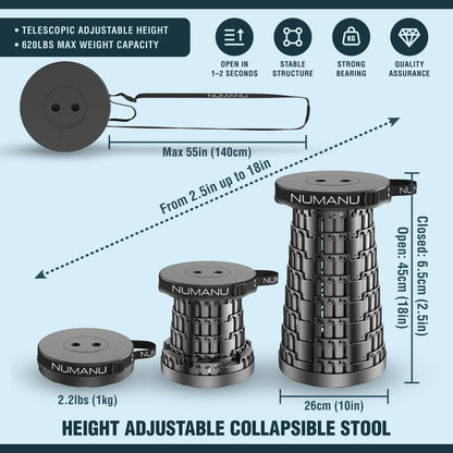 Old-Gen Collapsible Stool, Max 400lbs, Adjustable Portable Folding Stool for Adults, Retractable Foldable Telescopic Seat Camping Chair or Footrest