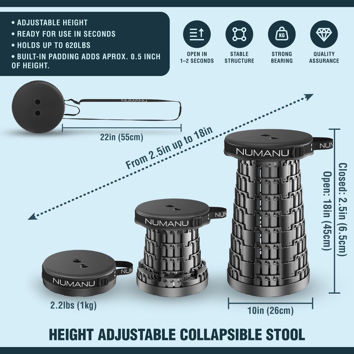 Old-Gen Collapsible Stool, Max 400lbs, Adjustable Portable Folding Stool for Adults, Retractable Foldable Telescopic Seat Camping Chair or Footrest