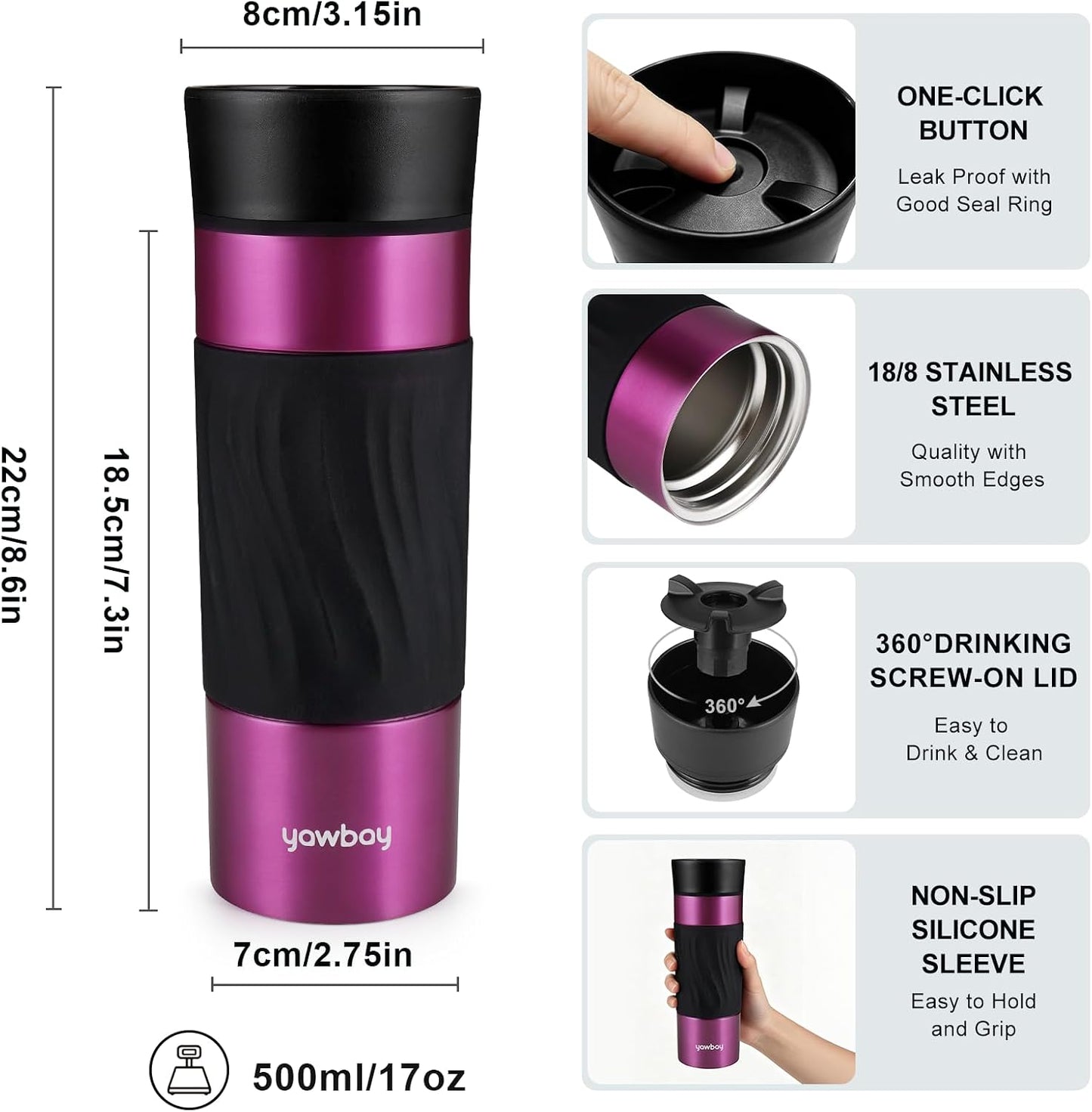 Travel Coffee Mug with 360°Lid, Travel Coffee Tumbler 16 oz Leak Proof, Stainless Steel Insulated Travel Mugs for Hot and Cold Spill Proof Leak Proof(Grey)