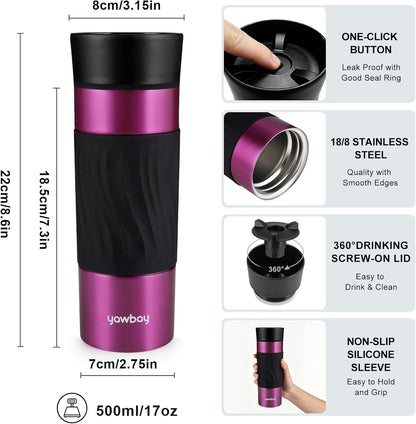 Travel Coffee Mug with 360°Lid, Travel Coffee Tumbler 16 oz Leak Proof, Stainless Steel Insulated Travel Mugs for Hot and Cold Spill Proof Leak Proof(Grey)