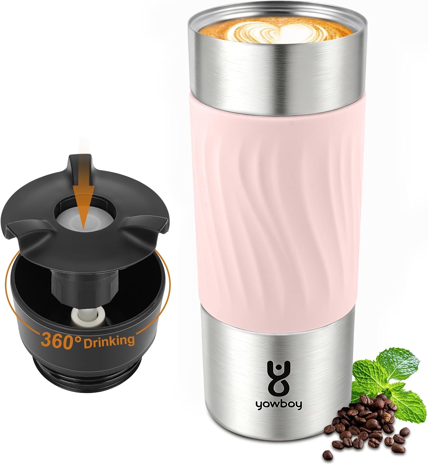 Travel Coffee Mug with 360°Lid, Travel Coffee Tumbler 16 oz Leak Proof, Stainless Steel Insulated Travel Mugs for Hot and Cold Spill Proof Leak Proof(Grey)