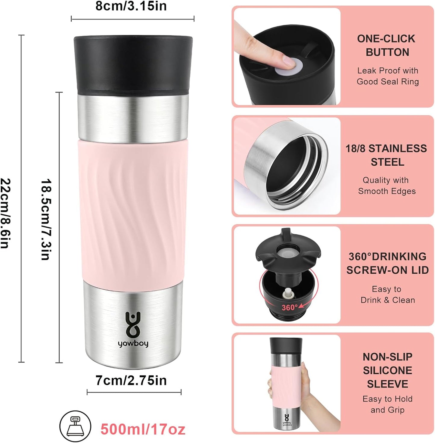 Travel Coffee Mug with 360°Lid, Travel Coffee Tumbler 16 oz Leak Proof, Stainless Steel Insulated Travel Mugs for Hot and Cold Spill Proof Leak Proof(Grey)