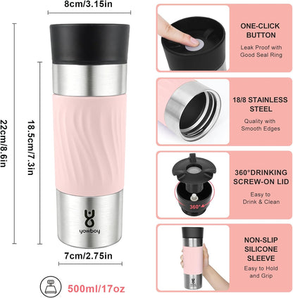 Travel Coffee Mug with 360°Lid, Travel Coffee Tumbler 16 oz Leak Proof, Stainless Steel Insulated Travel Mugs for Hot and Cold Spill Proof Leak Proof(Grey)