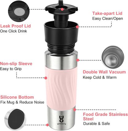 Travel Coffee Mug with 360°Lid, Travel Coffee Tumbler 16 oz Leak Proof, Stainless Steel Insulated Travel Mugs for Hot and Cold Spill Proof Leak Proof(Grey)