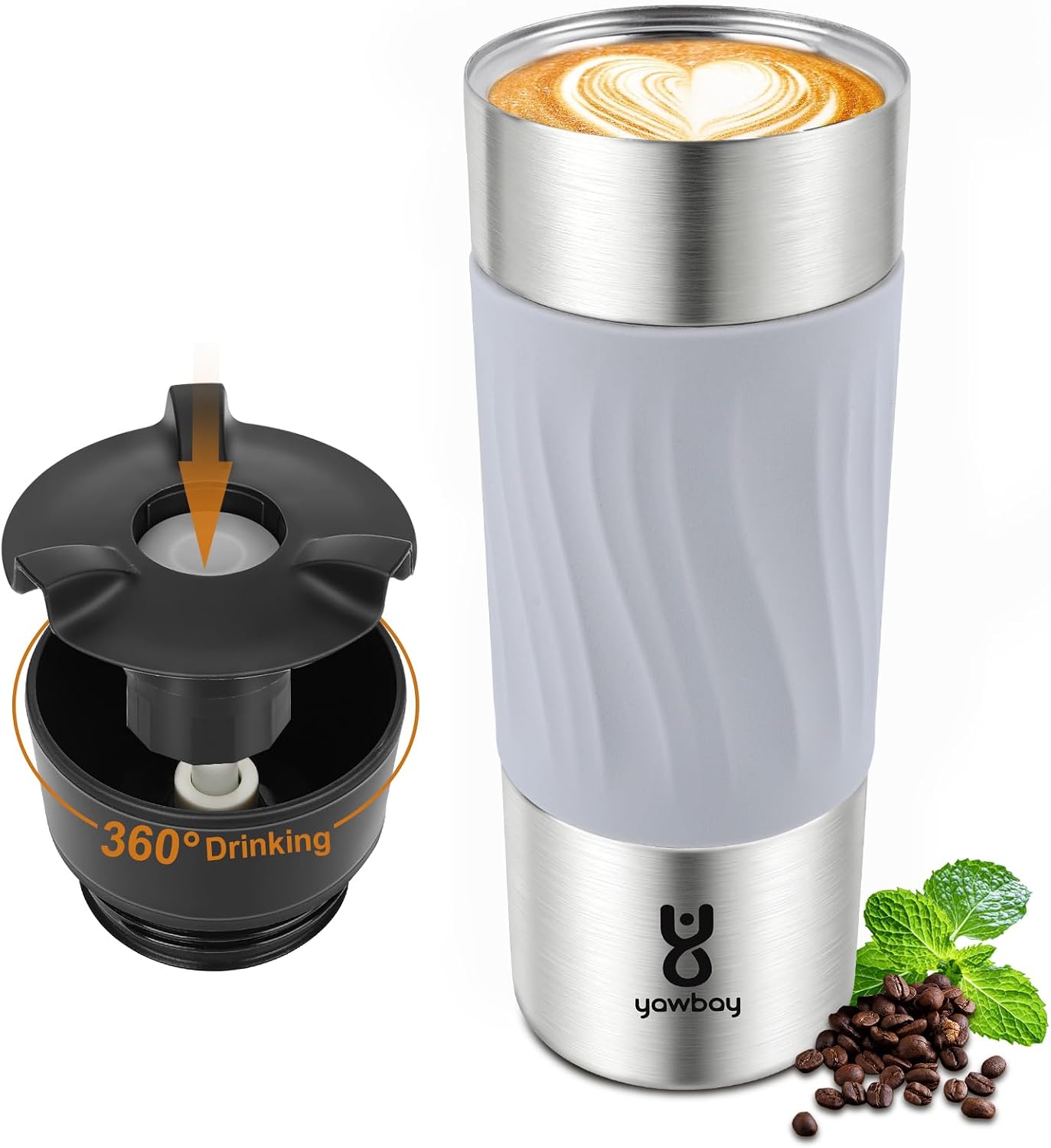 Travel Coffee Mug with 360°Lid, Travel Coffee Tumbler 16 oz Leak Proof, Stainless Steel Insulated Travel Mugs for Hot and Cold Spill Proof Leak Proof(Grey)