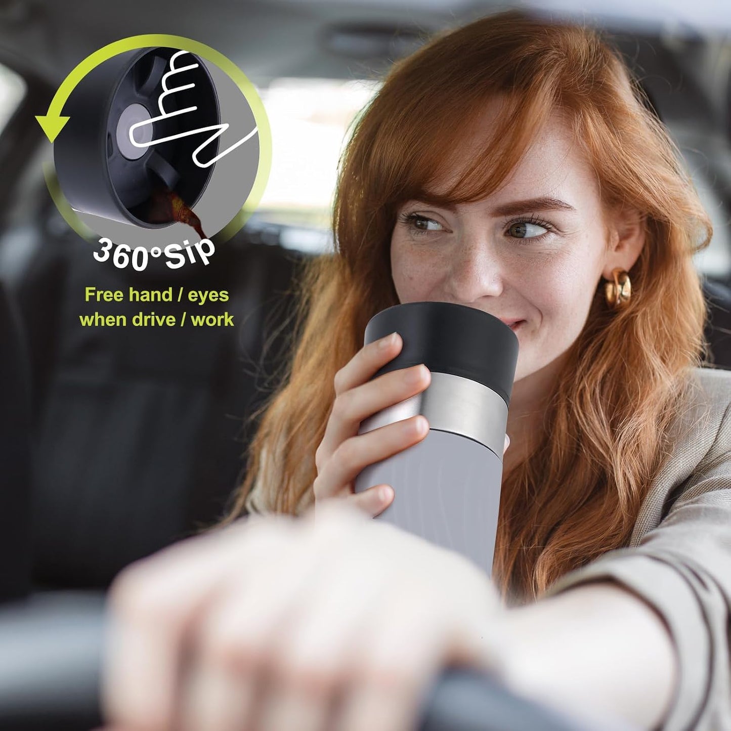 Travel Coffee Mug with 360°Lid, Travel Coffee Tumbler 16 oz Leak Proof, Stainless Steel Insulated Travel Mugs for Hot and Cold Spill Proof Leak Proof(Grey)