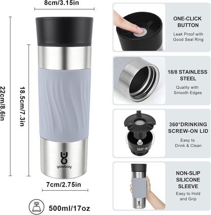 Travel Coffee Mug with 360°Lid, Travel Coffee Tumbler 16 oz Leak Proof, Stainless Steel Insulated Travel Mugs for Hot and Cold Spill Proof Leak Proof(Grey)