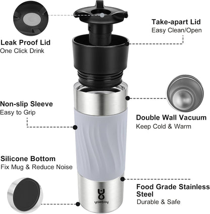 Travel Coffee Mug with 360°Lid, Travel Coffee Tumbler 16 oz Leak Proof, Stainless Steel Insulated Travel Mugs for Hot and Cold Spill Proof Leak Proof(Grey)