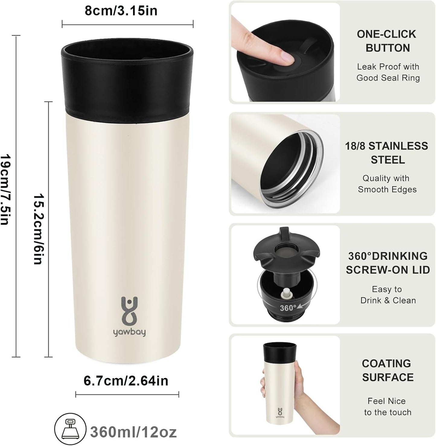 Travel Coffee Mug with 360°Lid, Travel Coffee Tumbler 16 oz Leak Proof, Stainless Steel Insulated Travel Mugs for Hot and Cold Spill Proof Leak Proof(Grey)