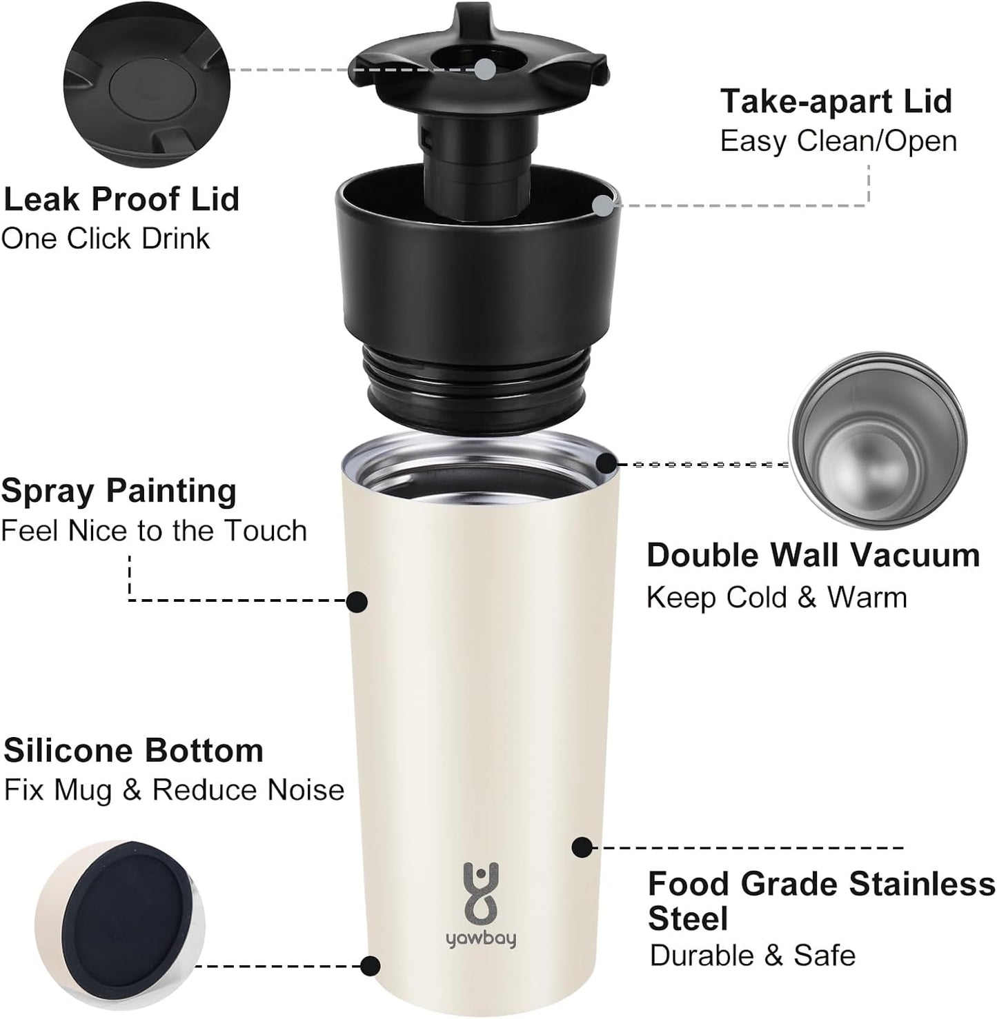 Travel Coffee Mug with 360°Lid, Travel Coffee Tumbler 16 oz Leak Proof, Stainless Steel Insulated Travel Mugs for Hot and Cold Spill Proof Leak Proof(Grey)