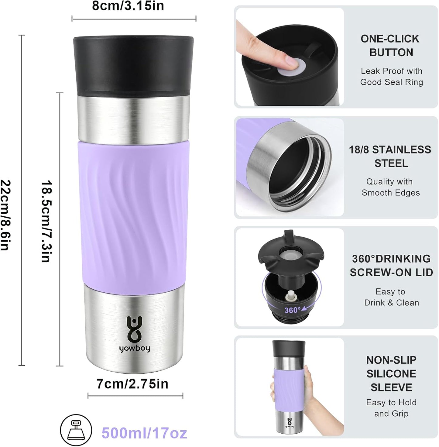 Travel Coffee Mug with 360°Lid, Travel Coffee Tumbler 16 oz Leak Proof, Stainless Steel Insulated Travel Mugs for Hot and Cold Spill Proof Leak Proof(Grey)
