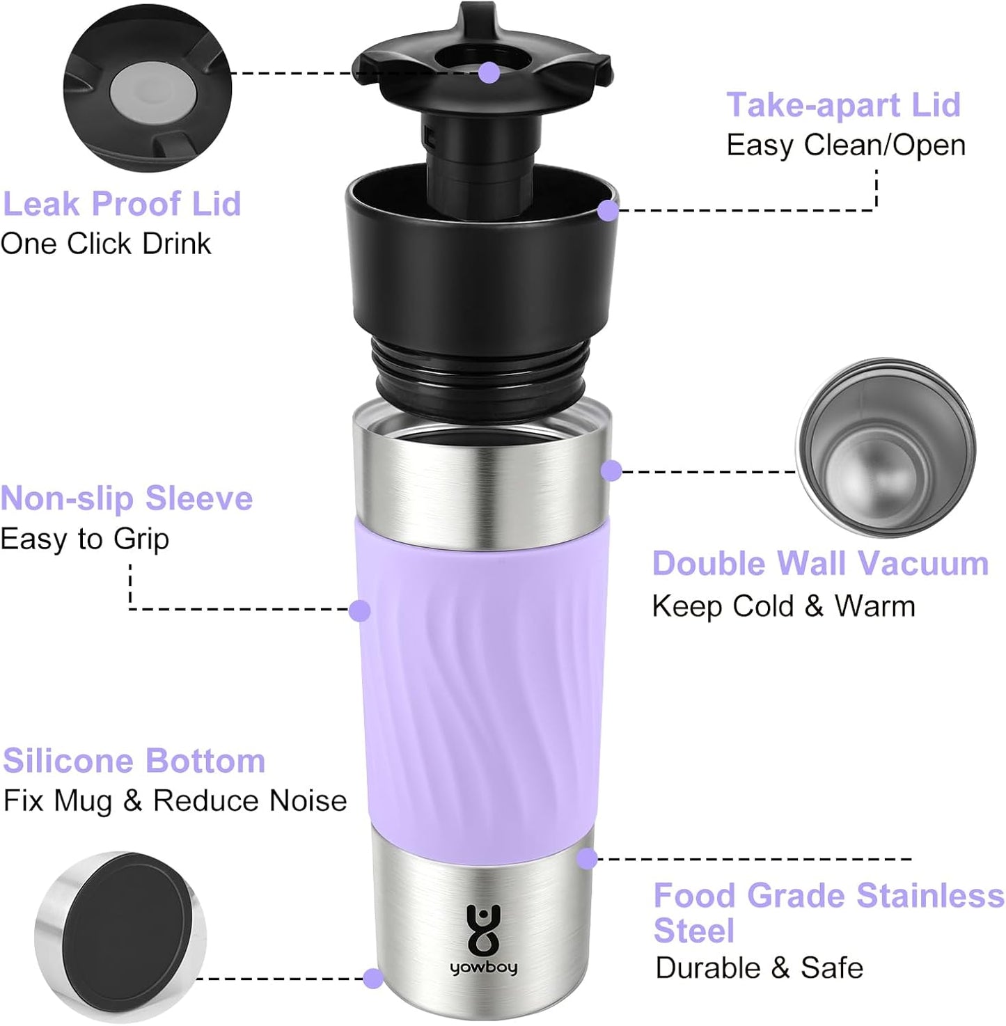 Travel Coffee Mug with 360°Lid, Travel Coffee Tumbler 16 oz Leak Proof, Stainless Steel Insulated Travel Mugs for Hot and Cold Spill Proof Leak Proof(Grey)