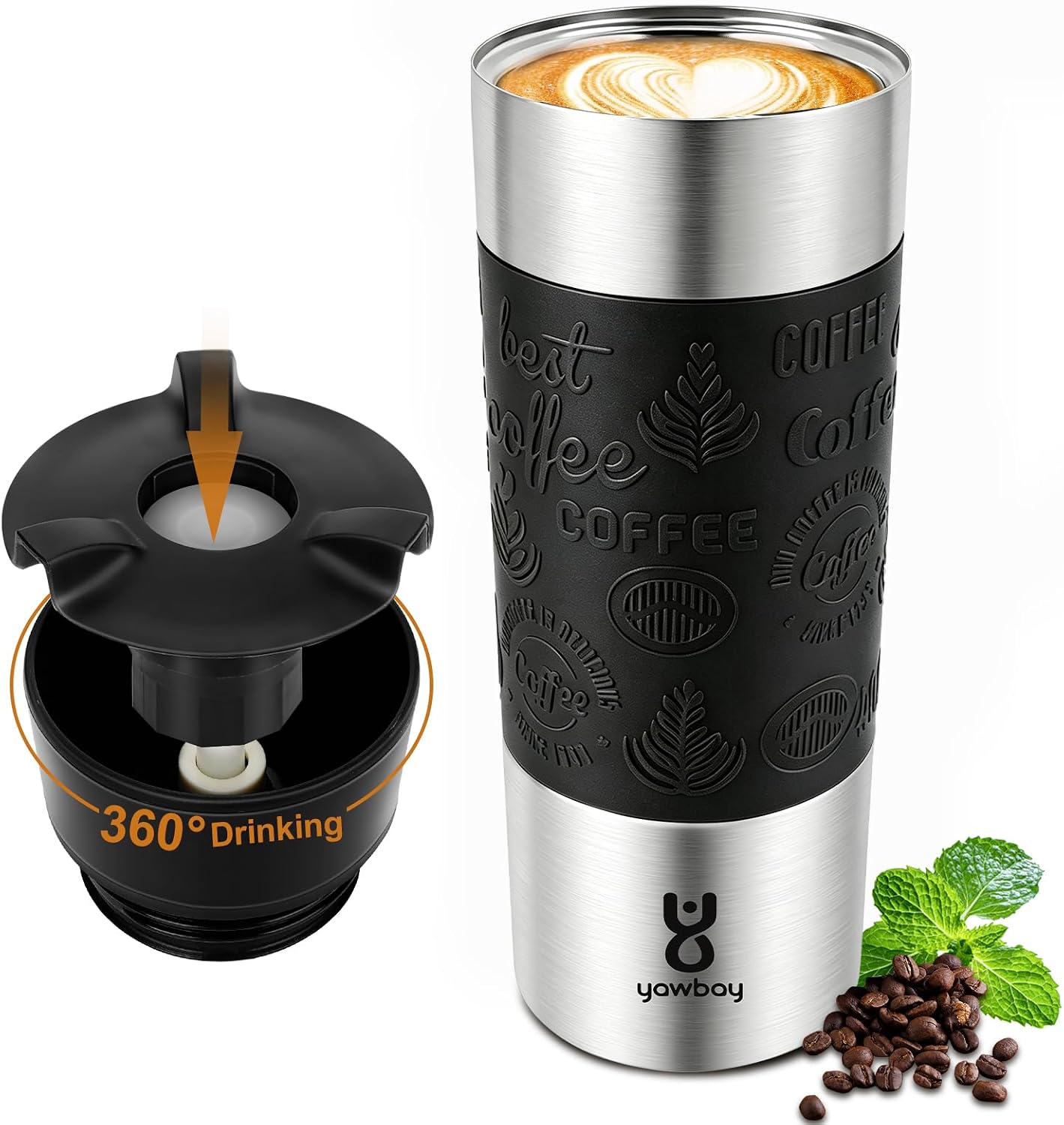 Travel Coffee Mug with 360°Lid, Travel Coffee Tumbler 16 oz Leak Proof, Stainless Steel Insulated Travel Mugs for Hot and Cold Spill Proof Leak Proof(Grey)