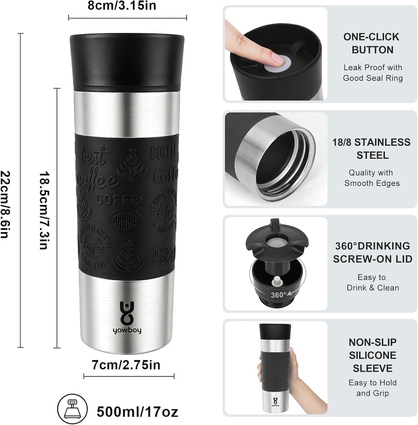 Travel Coffee Mug with 360°Lid, Travel Coffee Tumbler 16 oz Leak Proof, Stainless Steel Insulated Travel Mugs for Hot and Cold Spill Proof Leak Proof(Grey)