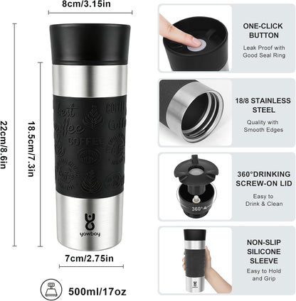 Travel Coffee Mug with 360°Lid, Travel Coffee Tumbler 16 oz Leak Proof, Stainless Steel Insulated Travel Mugs for Hot and Cold Spill Proof Leak Proof(Grey)