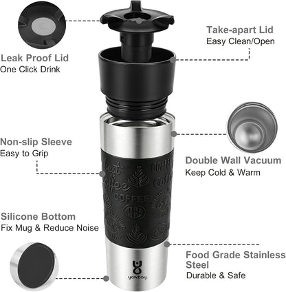 Travel Coffee Mug with 360°Lid, Travel Coffee Tumbler 16 oz Leak Proof, Stainless Steel Insulated Travel Mugs for Hot and Cold Spill Proof Leak Proof(Grey)