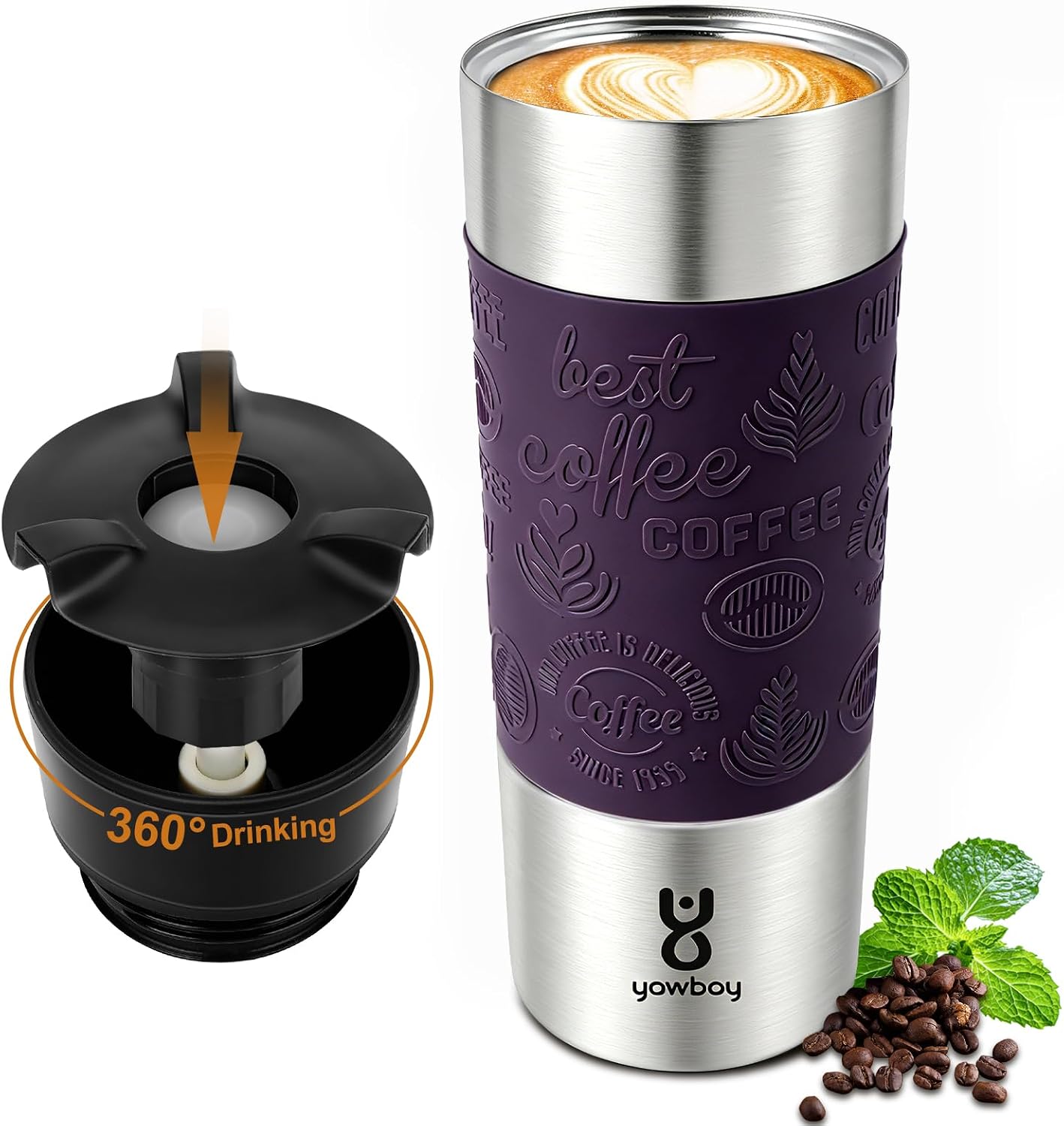 Travel Coffee Mug with 360°Lid, Travel Coffee Tumbler 16 oz Leak Proof, Stainless Steel Insulated Travel Mugs for Hot and Cold Spill Proof Leak Proof(Grey)