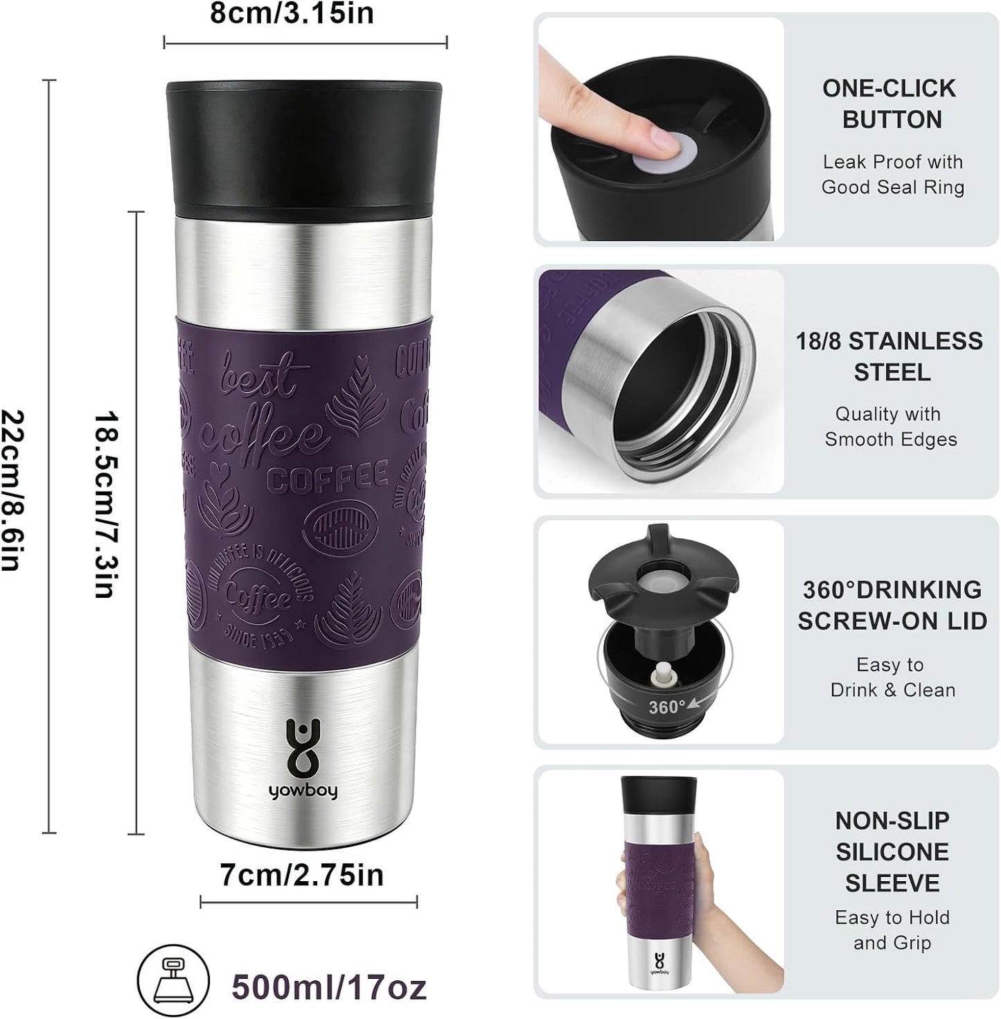 Travel Coffee Mug with 360°Lid, Travel Coffee Tumbler 16 oz Leak Proof, Stainless Steel Insulated Travel Mugs for Hot and Cold Spill Proof Leak Proof(Grey)