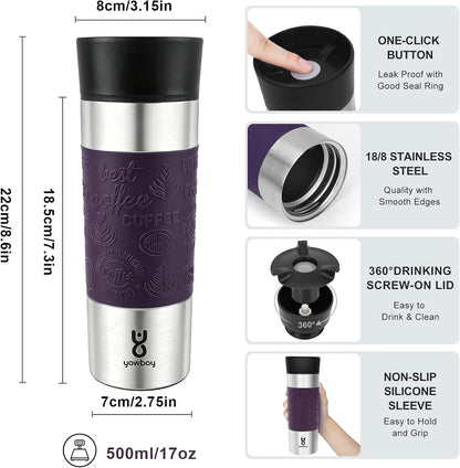 Travel Coffee Mug with 360°Lid, Travel Coffee Tumbler 16 oz Leak Proof, Stainless Steel Insulated Travel Mugs for Hot and Cold Spill Proof Leak Proof(Grey)