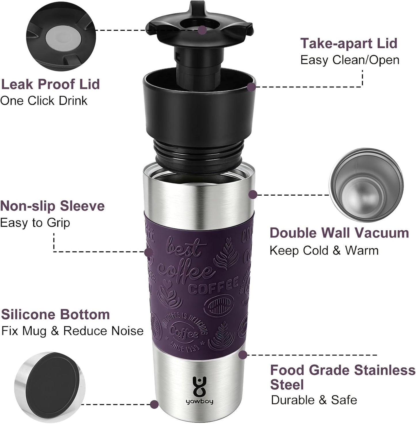 Travel Coffee Mug with 360°Lid, Travel Coffee Tumbler 16 oz Leak Proof, Stainless Steel Insulated Travel Mugs for Hot and Cold Spill Proof Leak Proof(Grey)