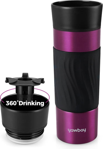 Travel Coffee Mug with 360°Lid, Travel Coffee Tumbler 16 oz Leak Proof, Stainless Steel Insulated Travel Mugs for Hot and Cold Spill Proof Leak Proof(Grey)