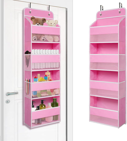 Pink Over Door Organizer with 4 Large Clear Pockets, Hanging Door Storage for Nursery, Bedroom, Bathroom, Closet, Toys, Diapers, Cosmetics, Baby Essentials