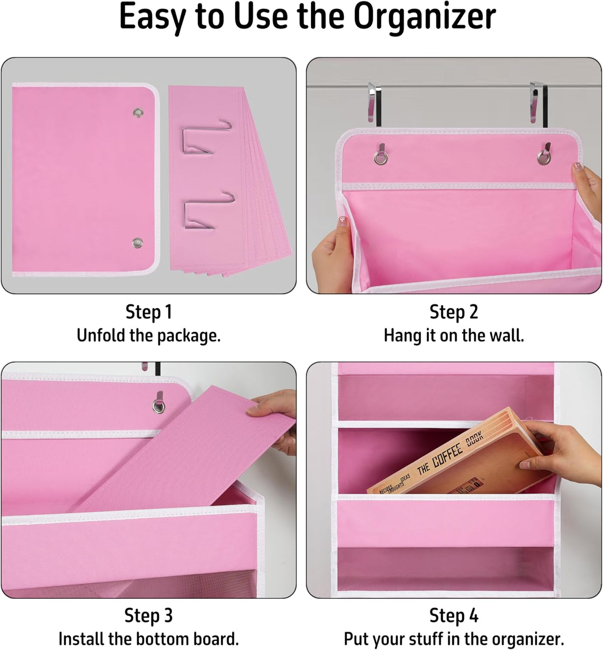 Pink Over Door Organizer with 4 Large Clear Pockets, Hanging Door Storage for Nursery, Bedroom, Bathroom, Closet, Toys, Diapers, Cosmetics, Baby Essentials