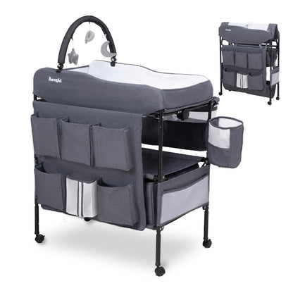 Baby Changing Table, Versatile Portable Folding Changing Table, Waterproof Diaper Changing Station with Waste Basket, Adjustable Height with 2 Drawers, Baby Changing Station for Infant and Newborn