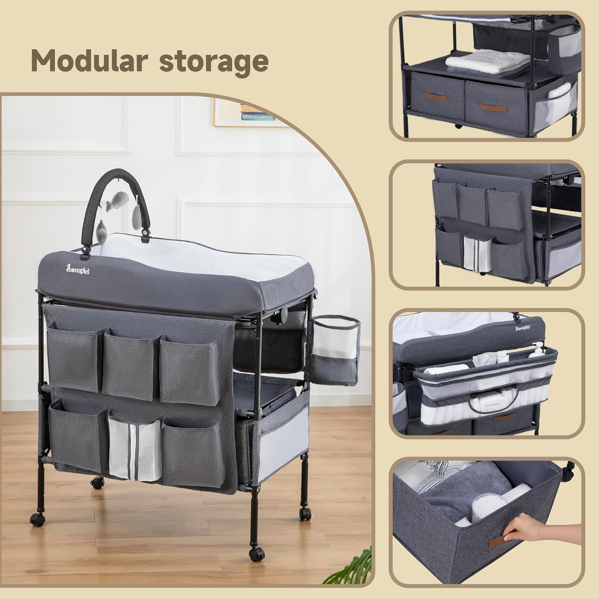 Baby Changing Table, Versatile Portable Folding Changing Table, Waterproof Diaper Changing Station with Waste Basket, Adjustable Height with 2 Drawers, Baby Changing Station for Infant and Newborn
