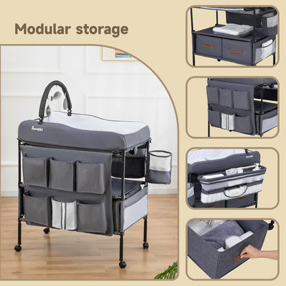Baby Changing Table, Versatile Portable Folding Changing Table, Waterproof Diaper Changing Station with Waste Basket, Adjustable Height with 2 Drawers, Baby Changing Station for Infant and Newborn