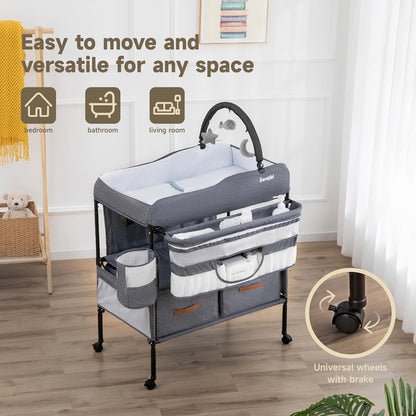 Baby Changing Table, Versatile Portable Folding Changing Table, Waterproof Diaper Changing Station with Waste Basket, Adjustable Height with 2 Drawers, Baby Changing Station for Infant and Newborn
