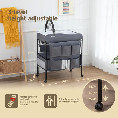 Baby Changing Table, Versatile Portable Folding Changing Table, Waterproof Diaper Changing Station with Waste Basket, Adjustable Height with 2 Drawers, Baby Changing Station for Infant and Newborn