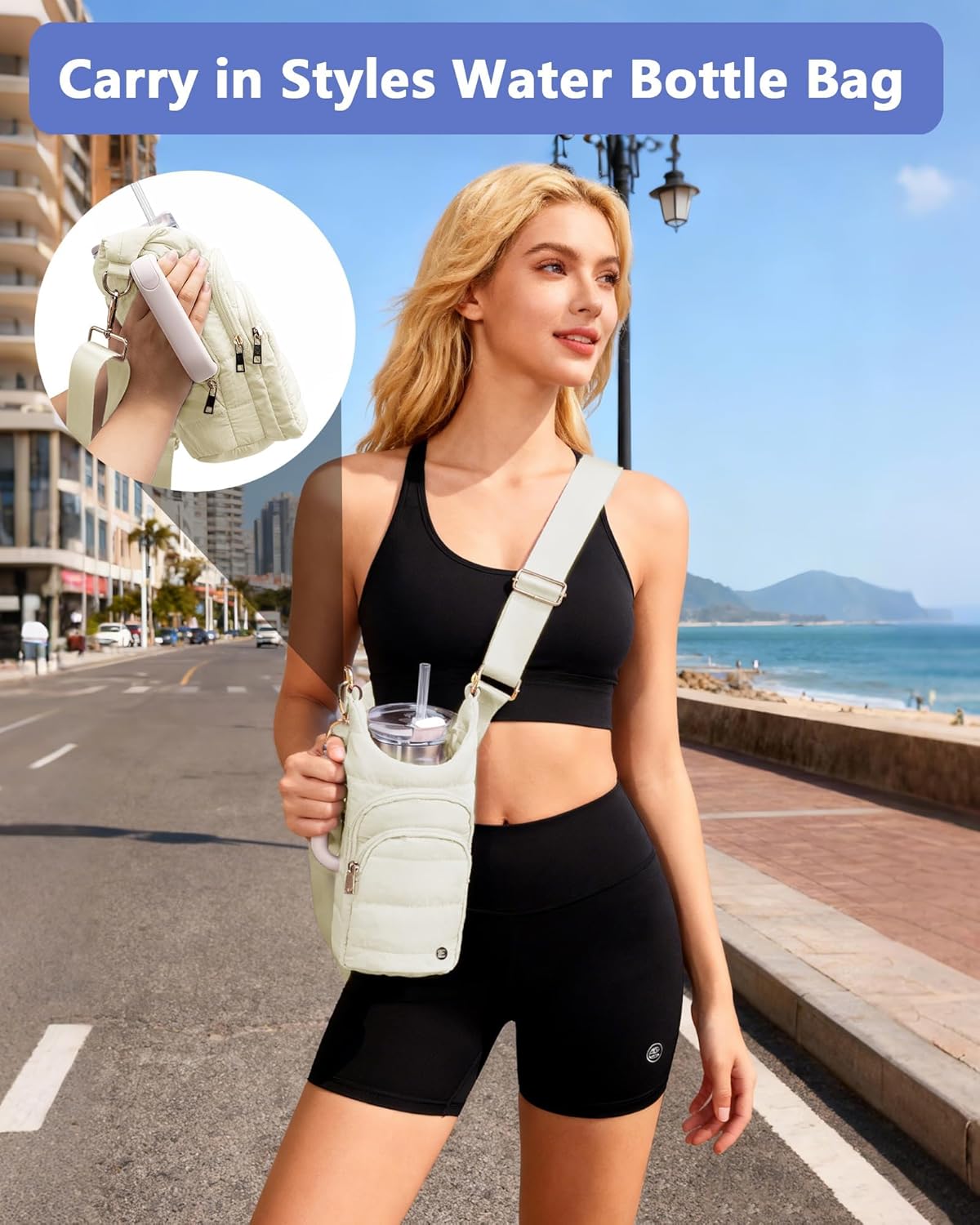 Water Bottle Holder with Strap 30/32 oz, Crossbody Water Bottle Carrier Bag | Lightweiht Quilted Bottle Sling Bag, RFID Phone Pocket, Hands-free for Gym Hiking Walking Travel